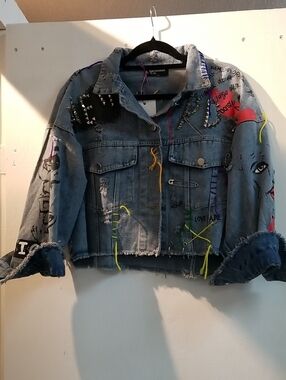 Hand-Embellished Distressed Denim Jacket - Gray